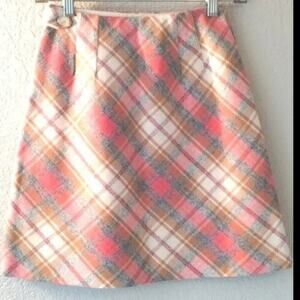 Vintage 1970's Deadstock Pink Peach Cream Tan Plaid Wool Preppy Pencil Skirt 7